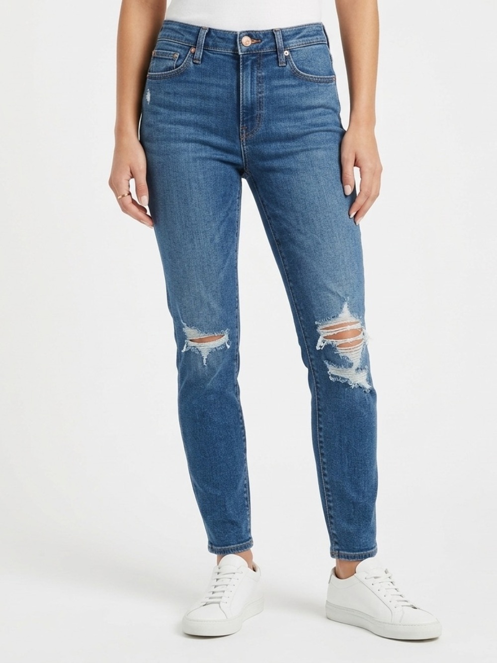 Good American Mid-Blue Distressed High-Rise Skinny Jeans